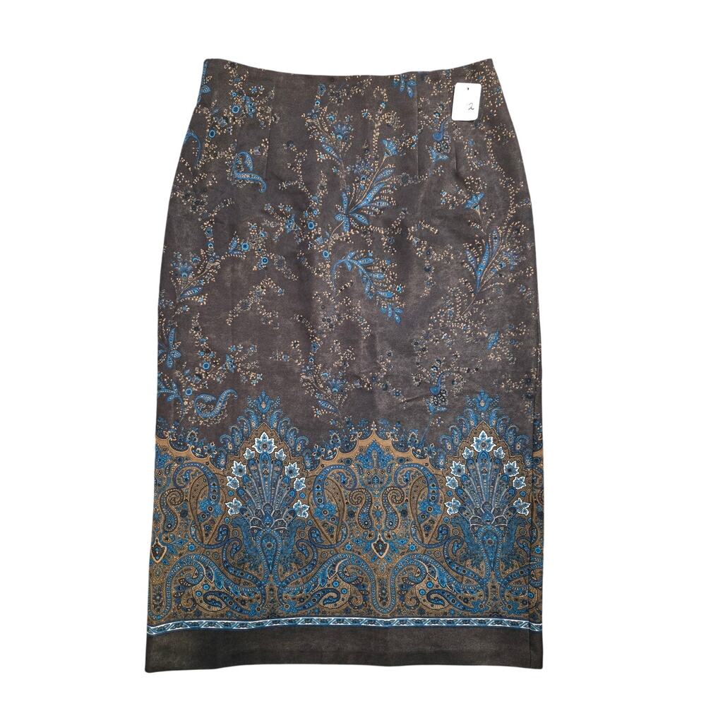 VTG Briggs New York Paisley Border Print Midi Skirt Brown Blue 12